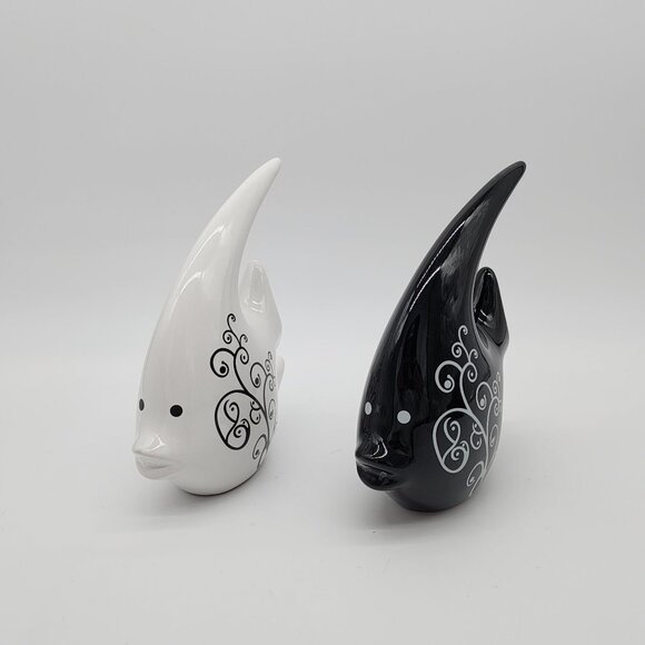 Ceramic Tropical Fish Pair Figure White Black 7.5" Tall Home Decor - Picture 2 of 5